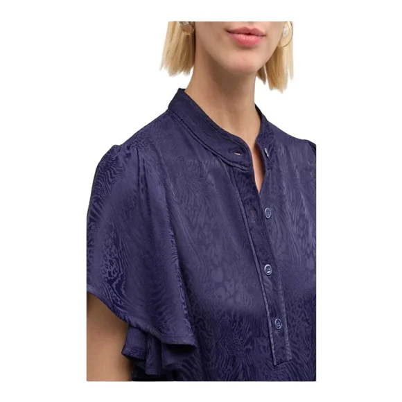 Women's Shoshanna Navy Jacquard Ruffle Sleeve Belted Midi Dress Size 6 - Picture 5 of 12